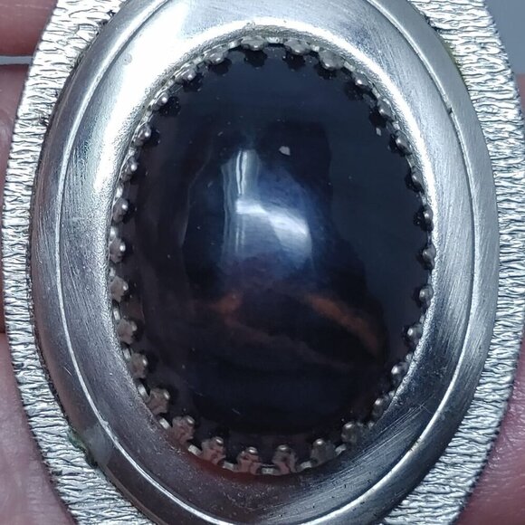 Vintage Large Oval Dark Brown Stone Silver Tone Brooch Pin Pendant - Picture 5 of 6